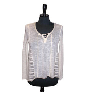 Almost Famous Peasant Top Lace Front Detail Lightweight Sheer Cream White M
